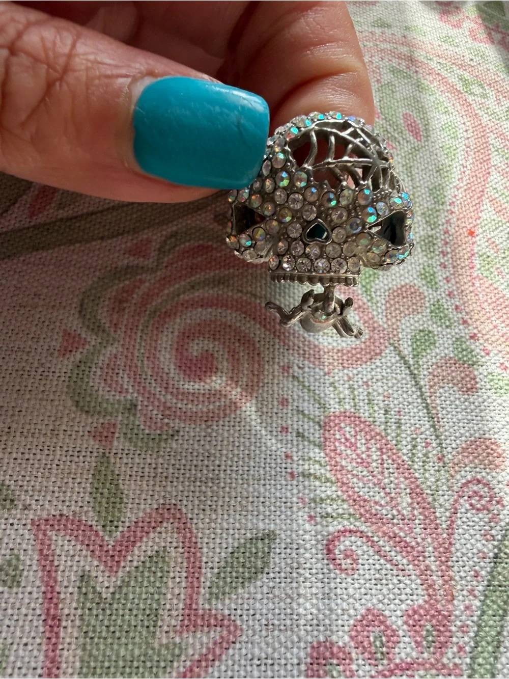 Crystal Rhinestone Silver Tone Skull and Spider Statement Ring Edgy Goth